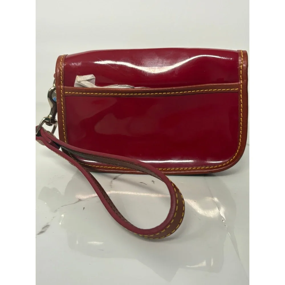Dooney & Bourke Red Patent Leather Wristlet‎ Tan Trim Duck Charm Clutch Bag